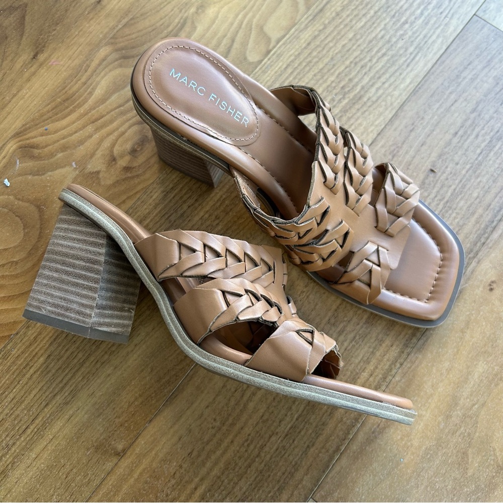 Marc Fisher Brown Woven Block Heel Mules
